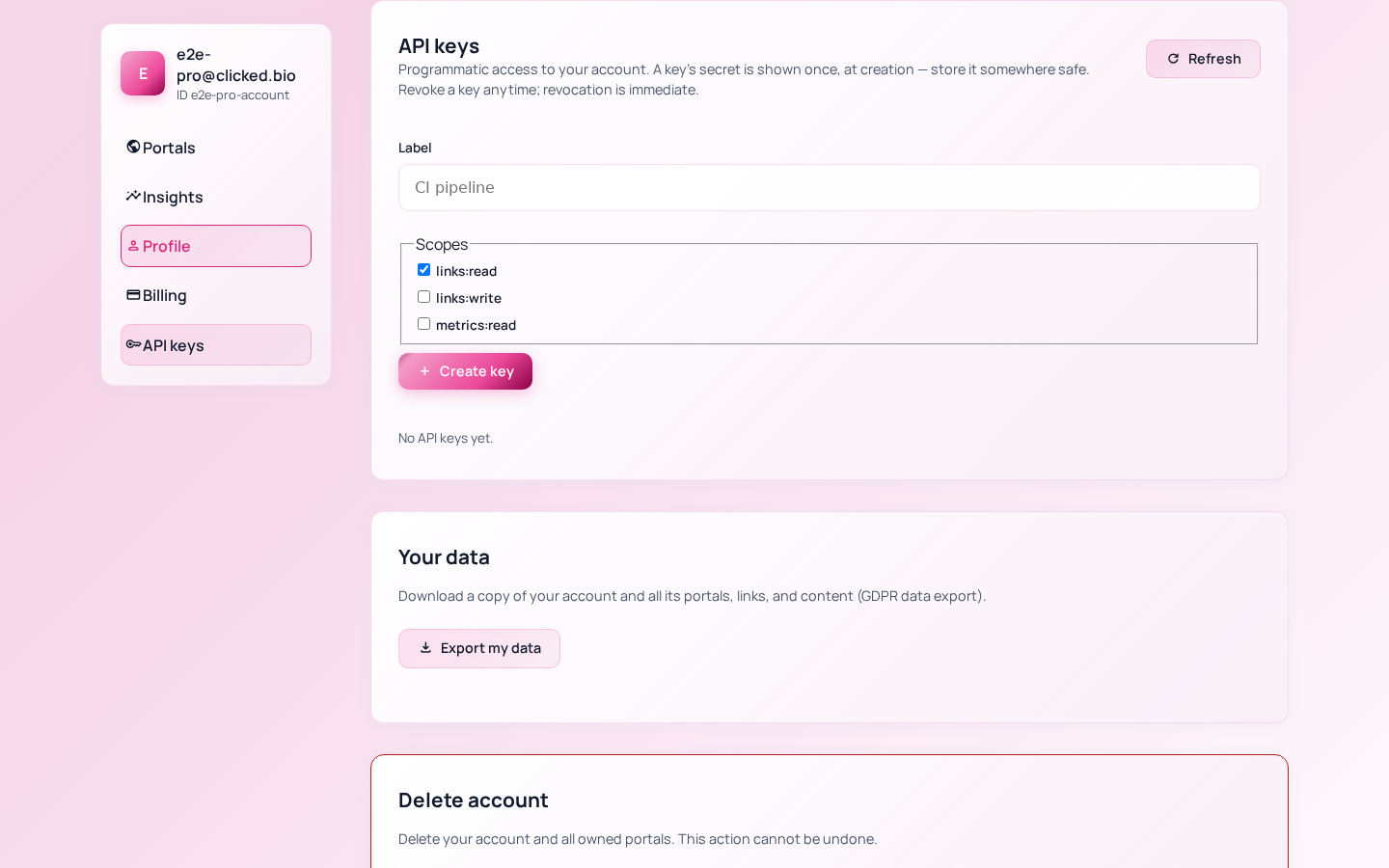 The API keys panel in the clicked.bio dashboard showing scopes and a revoke button